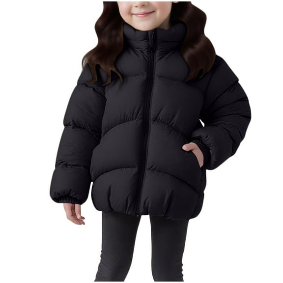 Cethrio Girls Puffer Jackets, Long Sleeve Thickened Full Zip Thermal Winter Coats with Hood Black Size 7-8 T