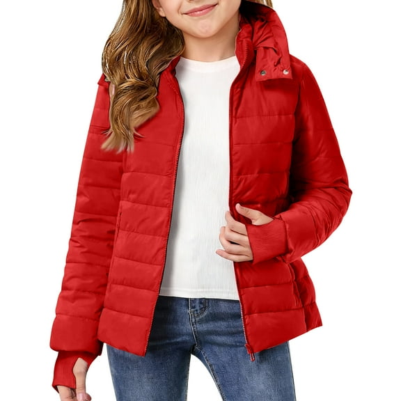 Cethrio Girls Puffer Jackets, Long Sleeve Zip up Casual Lightweight Winter Outerwear Red Size 9-10 T