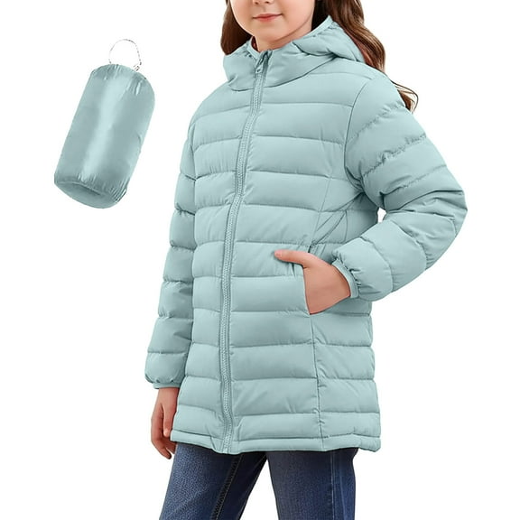 Cethrio Girls Puffer Jackets, Mid-length Lightweight Zip up Warm Winter Coats Outerwear Green Size 8