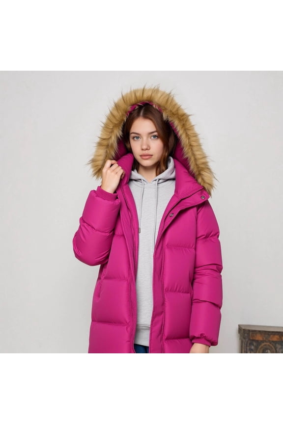 Girls Puffer Jackets, Mid-length Zip up Snow Windproof Winter Coats Outerwear Hot Pink Size 6