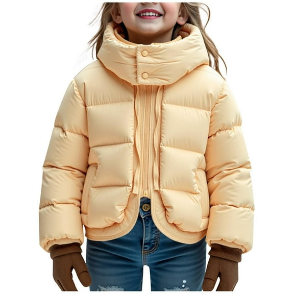 Cethrio Girls Puffer Jackets Size 7-8, Windproof Warm Full Zip Long Sleeve Winter Coats with Hood Yellow