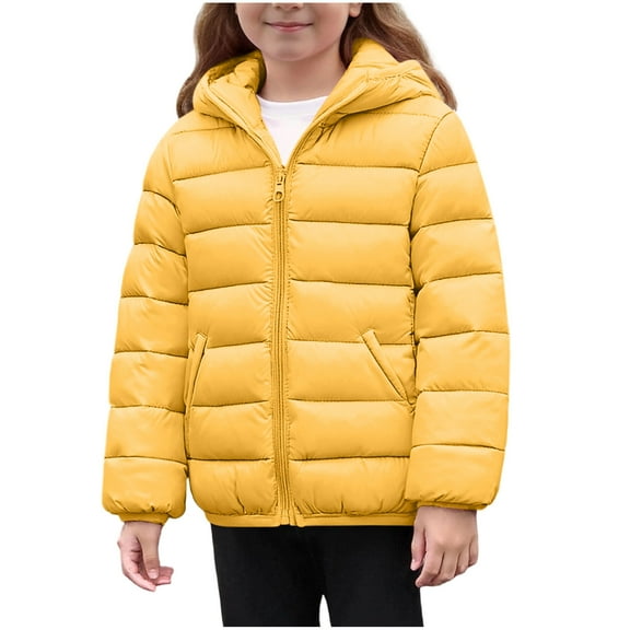 Cethrio Girls Puffer Jackets, Thermal Long Sleeve Lightweight Full Zip Winter Outerwear with Hood Yellow Size 7-8