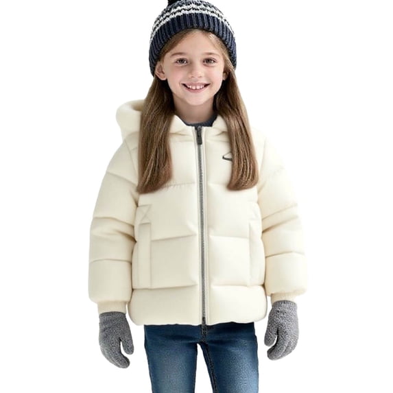 Cethrio Girls Puffer Jackets, Thickened Windproof Zip up Long Sleeve Winter Coats with Hood Beige Size 6