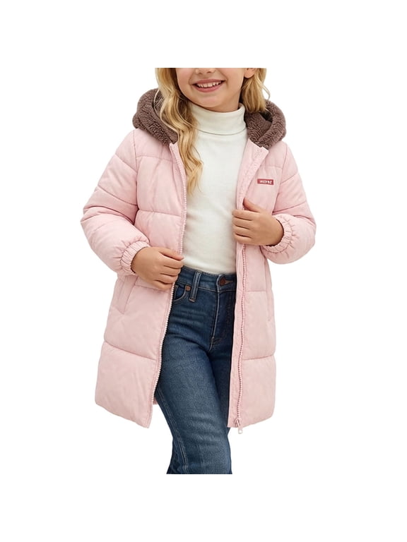 Girls Puffer Jackets, Warm Mid-Length Lightweight Long Sleeve Winter Outerwear with Zipper Pink Size 7-8 T
