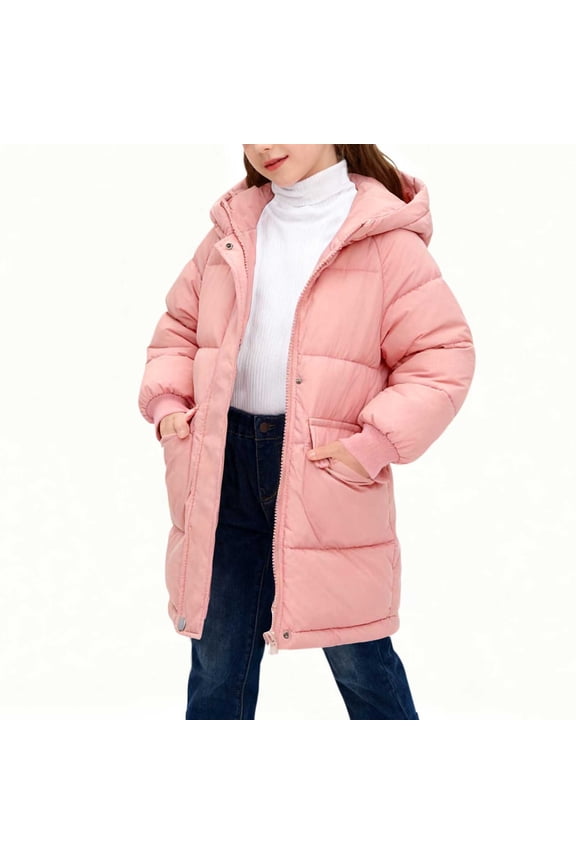 Girls Puffer Jackets, Warm Waterproof Full Zip Mid-length Winter Coats Pink Size 7-8