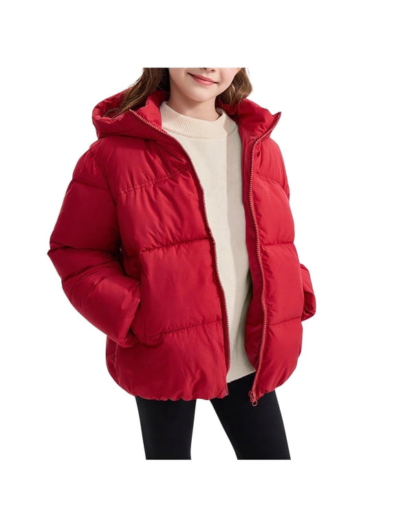 Girls Puffer Jackets, Windproof Full Zip Hooded Warm Winter Coats Outerwear Red Size 10-12