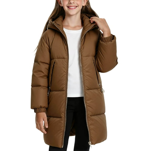 Cethrio Girls Puffer Jackets, Windproof Mid-length Zip up Warm Winter Coats with Hood Coffee Size 14-16