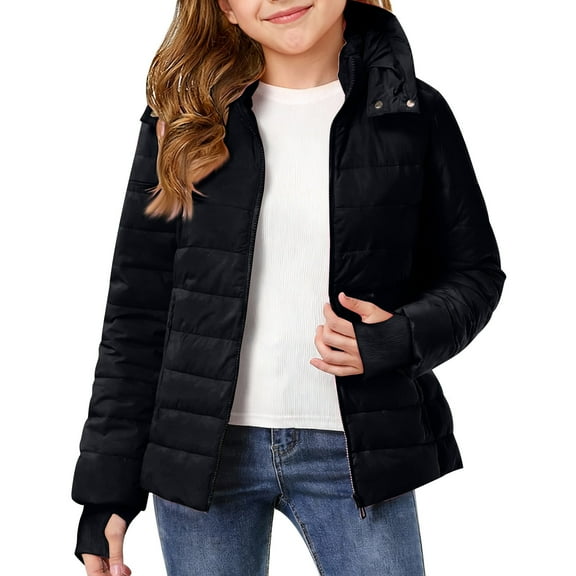 Cethrio Girls Puffer Jackets, Zip up Casual Lightweight Long Sleeve Winter Outerwear Black Size 7-8
