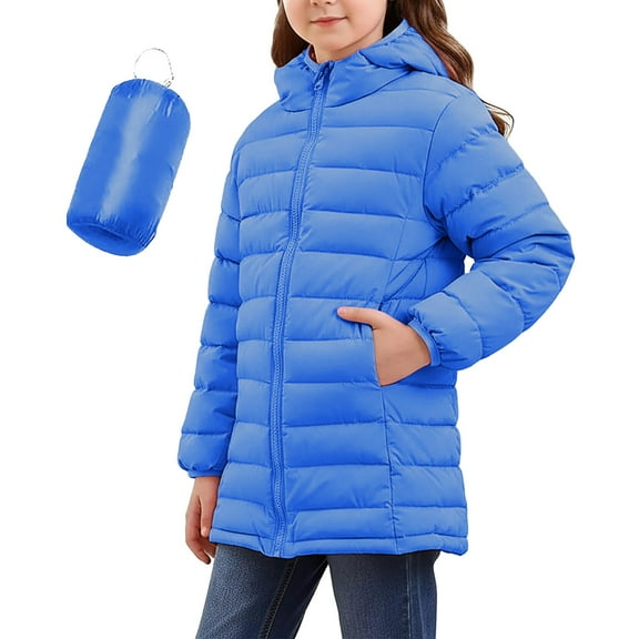 Cethrio Girls Puffer Jackets, Zip up Warm Lightweight Mid-length Winter Coats Outerwear Blue Size 8