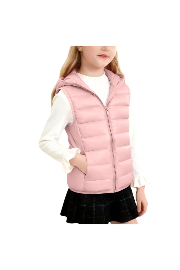 Girls Puffer Vests, Full Zip Lightweight Warm Hooded Winter Outerwear Vests Pink Size 3-14 T