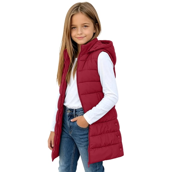 Cethrio Girls Puffer Vests Size 11-12 Years, Sleeveless Mid-length Quilted Lightweight Winter Outerwear with Zipper Red