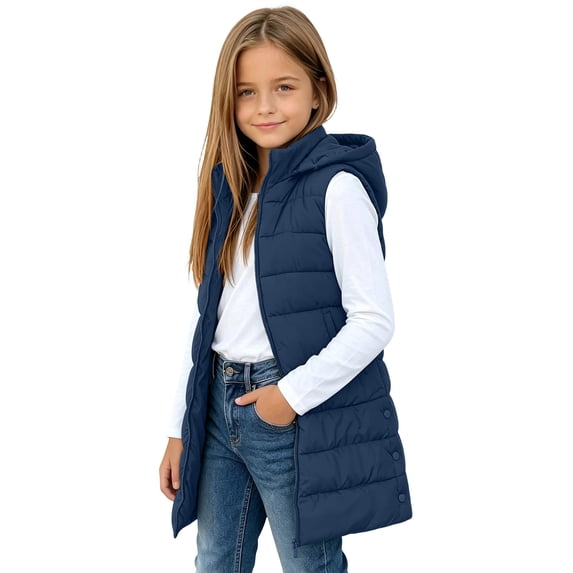 Cethrio Girls Puffer Vests Size 13-14 Years, Mid-length Lightweight Sleeveless Quilted Winter Outerwear with Zipper Navy