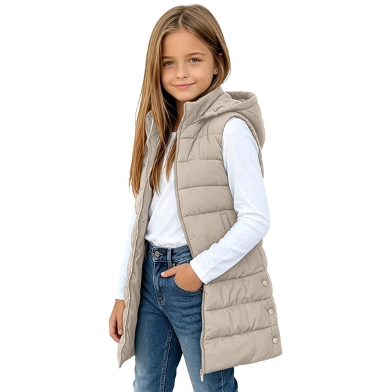 Cethrio Girls Puffer Vests Size 5-6 Years, Lightweight Mid-length Sleeveless Quilted Winter Outerwear with Zipper Khaki