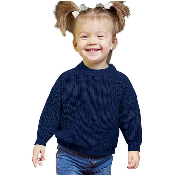 Cethrio Girls Pullover Sweaters, Knitting Cotton Crew Neck Stretch Casual Fall Winter Tops Navy Size 7-8T