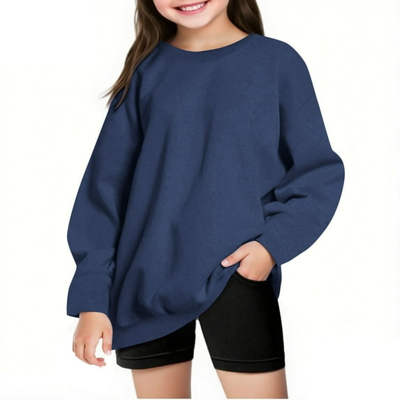 Cethrio Girls Pullover Sweatshirts, Solid Color Casual Long Sleeve Loose Spring Fall Tops Navy Size 14