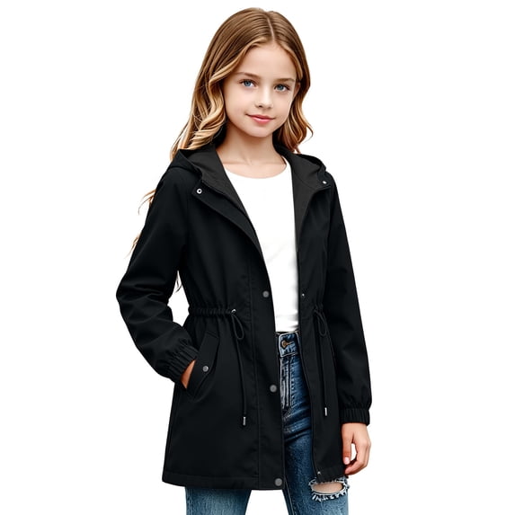 Cethrio Girls Rain Jackets, Mid-length Outdoor Waterproof Zip up Hooded Windbreaker with Pockets Black Size 13-14 T