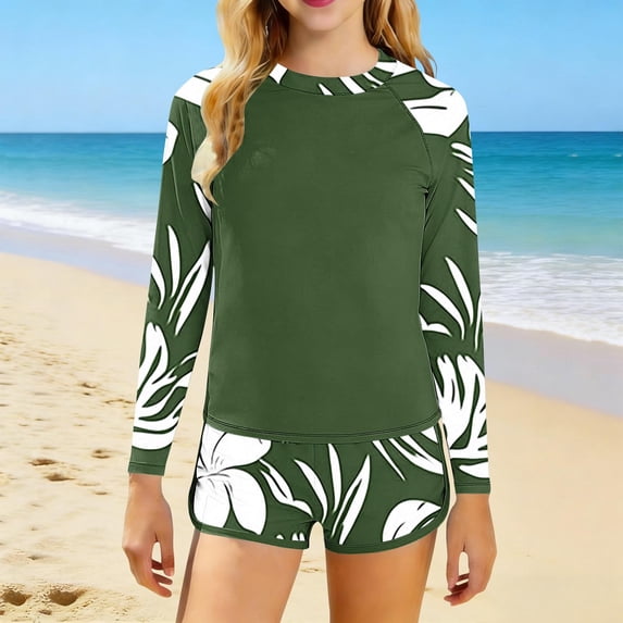 Cethrio Girls' Rash Guard Swimsuits, 2 Piece Long Sleeve Beach Printed Kids Bathing Suits Swimwear Multicolor Size 14-16