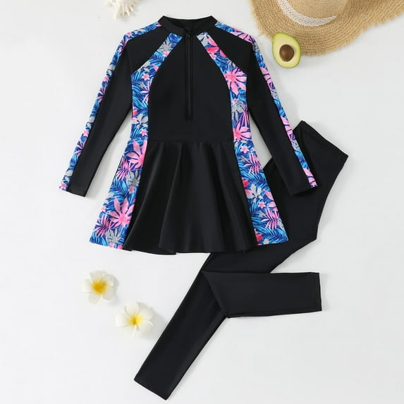 Cethrio Girls' Rash Guard Swimsuits, 2 Piece Long Sleeve Quick-drying Swim Shirts and Swim Bottoms Black Size 12-13T