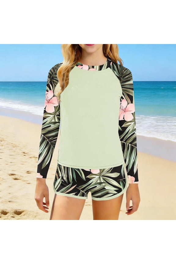 Girls' Rash Guard Swimsuits, Long Sleeve Vacation 2-piece Beach Kids Swimwear Bathing Suits Multicolor Size 14-16