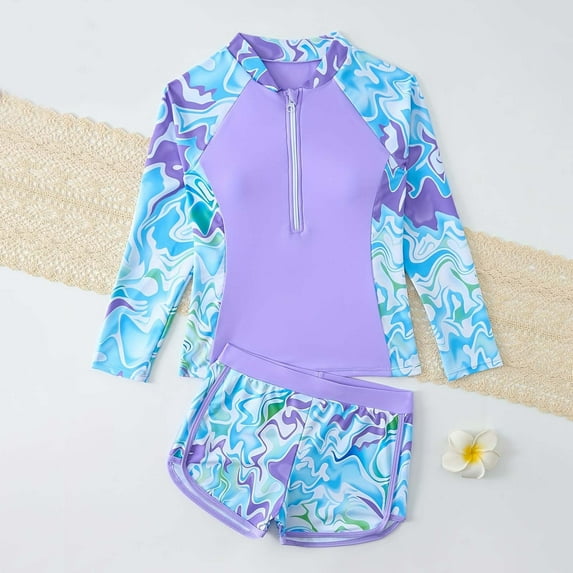Cethrio Girls' Rash Guard Swimsuits, Two Piece Beach Quick-drying Swim Shirts and Swim Bottoms Purple Size 10-12
