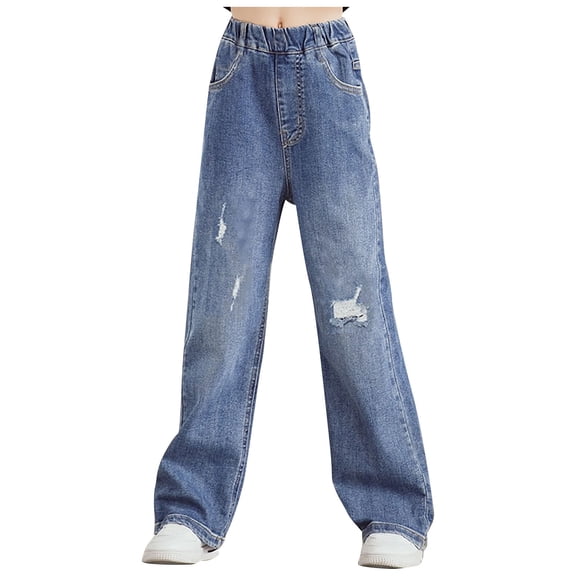 Cethrio Girls Ripped Jeans, Elastic Waist Casual Pocket Fashion Denim Pant Blue Size 3XL