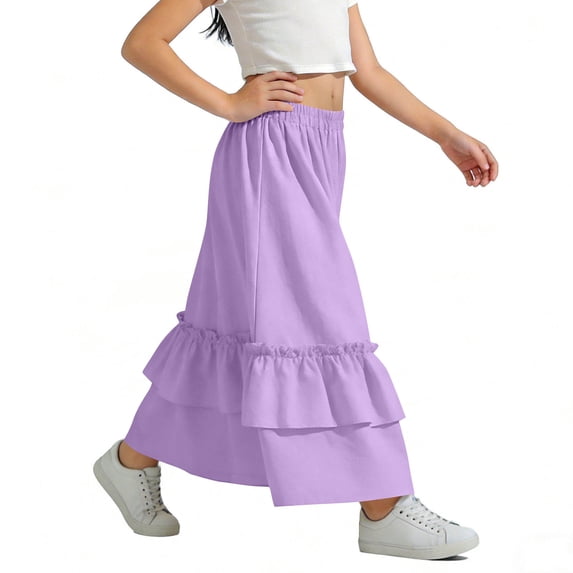 Cethrio Girls Ruffle Skirts, A-Line Summer High Waist Dancing Kids Maxi Skirts Purple Size 5T