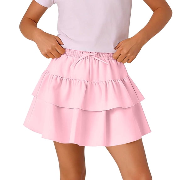 Cethrio Girls Ruffled Skirts Size 6, Summer High-waisted Casual A-Line Kids Mini Skirts Pink