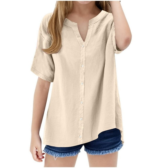Cethrio Girls Short Sleeve Shirts, V Neck Casual Loose Summer Button Down Shirts Beige Size 9-10T