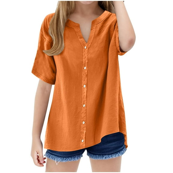 Cethrio Girls Short Sleeve Shirts, V Neck Casual Loose Summer Button Down Shirts Orange Size 12-13T