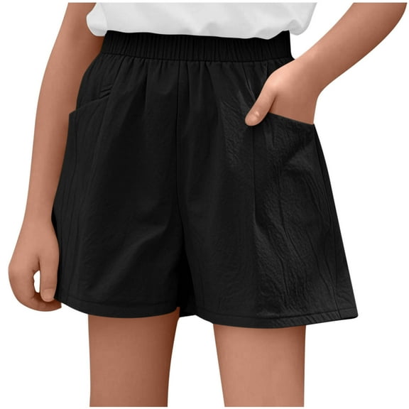 Cethrio Girls Shorts with Pockets, Elastic Waist Casual Relaxed Summer Shorts Black Size 15-16 T