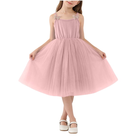 Cethrio Girls Slip Dresses, Summer Dancing Sleeveless Mesh Birthday Dresses Pink Size 7-8
