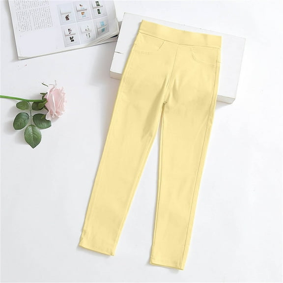 Cethrio Girls Solid Color Leggings, Elastic Waist Cotton Stretch Soft Tight Pants Yellow Size 9 T
