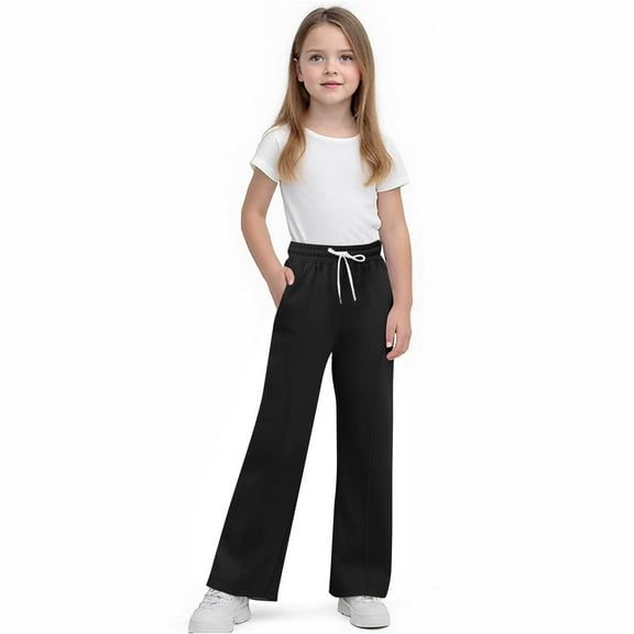 Cethrio Girls Winter Sweatpants, Open Bottom Thermal Straight Leg Drawstring Athletic Pants Black Size 10-12T