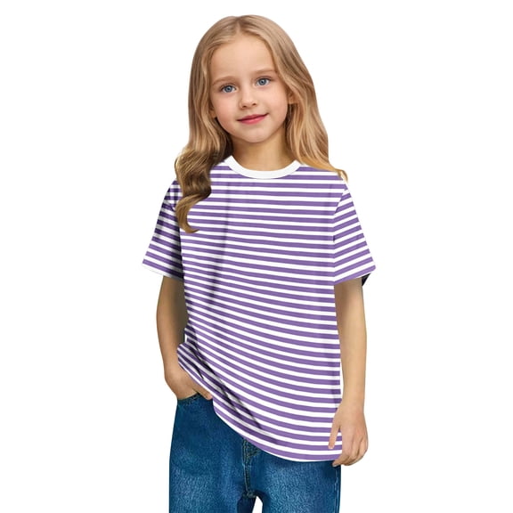 Cethrio Girls Stripe T-shirts, Casual Soft Short Sleeve Pullover Summer Tops Purple Size 7-8