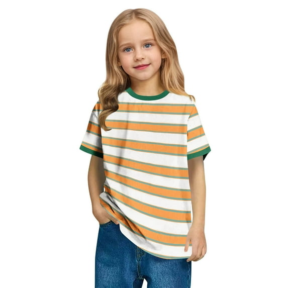 Cethrio Girls Stripe T-shirts, Pullover Short Sleeve Casual Soft Summer Tops Orange Size 7-8