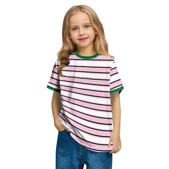 Cethrio Girls Stripe T-shirts, Soft Casual Pullover Short Sleeve Summer Tops Pink Size 9-10 T