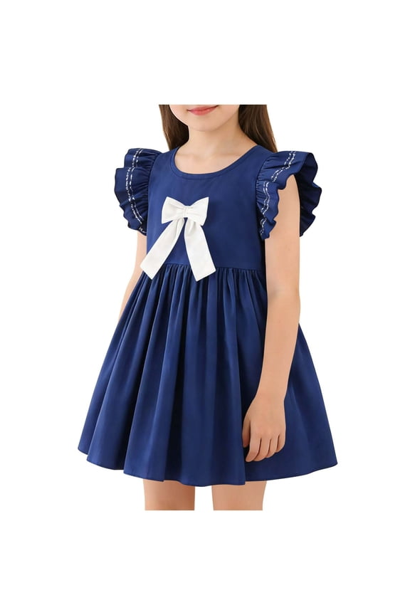 Girls Summer Dresses, Casual Crew Neck Vacation Flutter Sleeve Girls Sundresses Blue Size 4-5 T