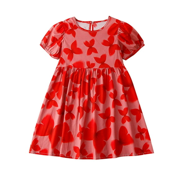 Cethrio Girls Summer Dresses 2025, A-Line Crewneck Printed Cotton Casual Dresses Red Size 8-9T