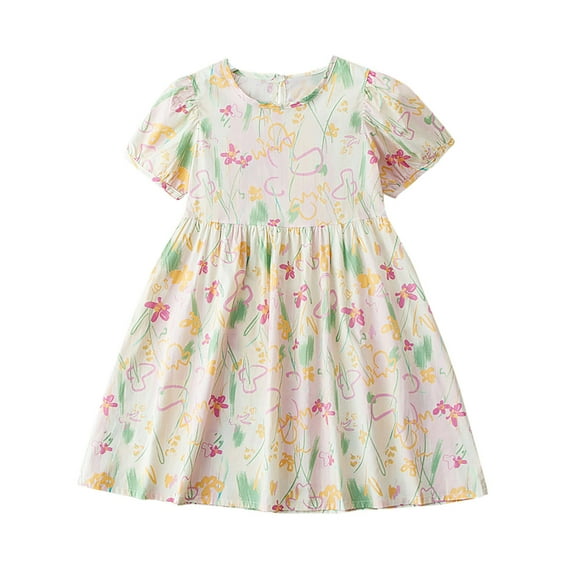Cethrio Girls Summer Dresses 2025, Cotton Printed Crewneck A-Line Casual Dresses Green Size 6-7T