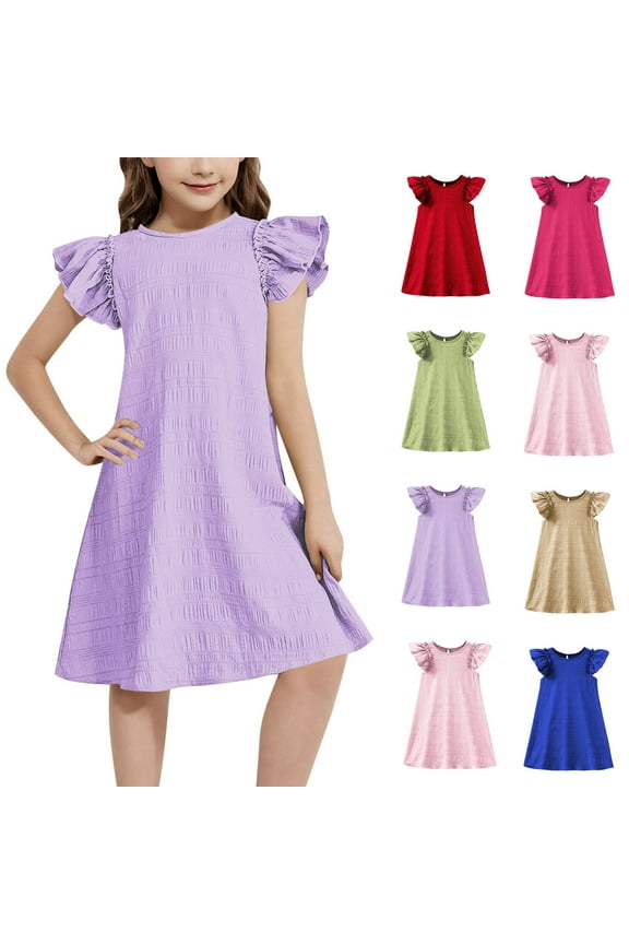 Girls Summer Dresses, Flutter Sleeve A-Line Mid-Length Party Casual Dresses Purple Size 6-7T