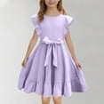 thumbnail image 1 of Cethrio Girls Summer Dresses, Flutter Sleeve Casual Birthday Pleated Dresses with Belt Purple Size 14-16T, 1 of 8