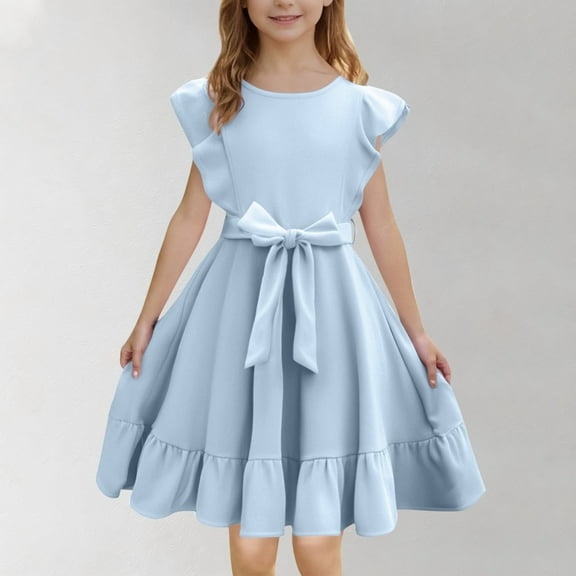 Cethrio Girls Summer Dresses, Pleated Flutter Sleeve Casual Birthday Dresses with Belt Light Blue Size 14-15T