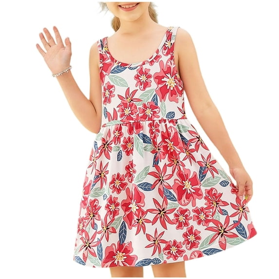 Cethrio Girls Summer Dresses, School Loose Fit Mid-length Sleeveless Kids Casual Dresses Red Size 6