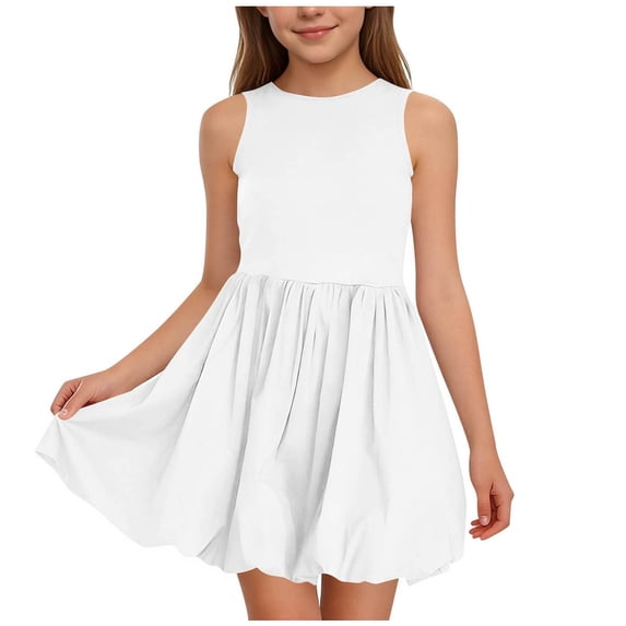 Cethrio Girls Summer Dresses with Puff, Fashion Crew Neck Sleeveless Casual Midi Dresses White Size 5T