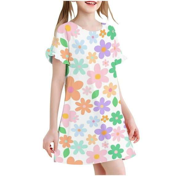 Cethrio Girls Summer Nightgowns, Casual Flower Print Comfy Loose Girls' Sleepwear Multicolor Size 6-7T