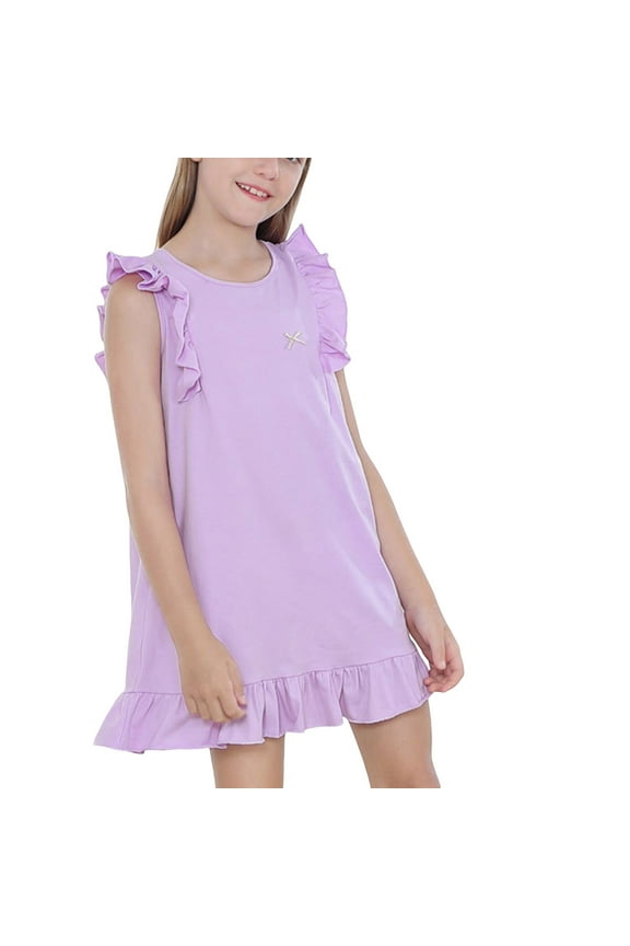 Girls Summer Nightgowns, Flutter Sleeve Comfy Casual Loose Sleepwear Dresses Purple Size 7-8T