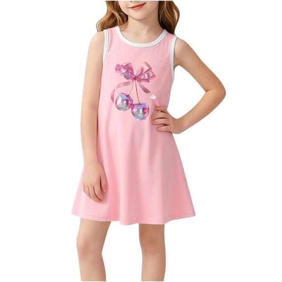 Cethrio Girls' Summer Nightgowns Size 7-8 T, Loose Mid-length Sleeveless Graphic Girls' Sleepwear Pink