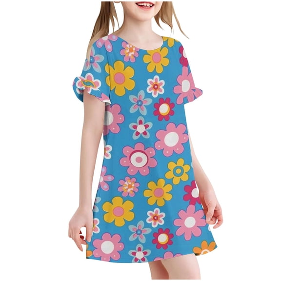 Cethrio Girls Summer Nightgowns, Soft Comfy Short Sleeve Flower Print Girls' Sleepwear Multicolor Size 6-7T