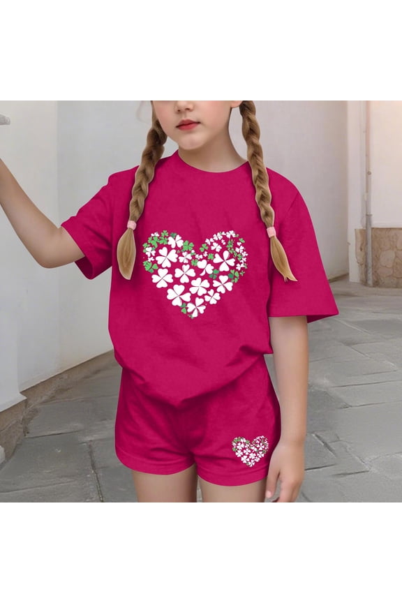 Girls Summer Outfit Sets, 2 PC Printed Short Sleeve St. Patrick's Day Clothing Sets Hot Pink Size 7-8