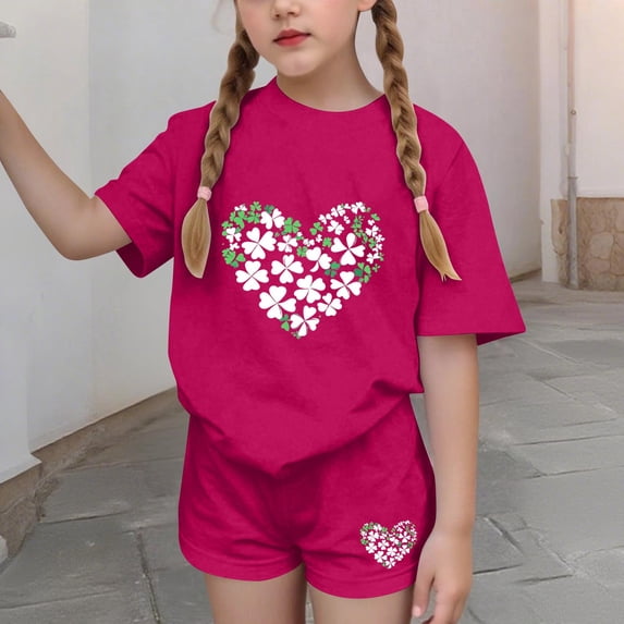 Cethrio Girls Summer Outfit Sets, 2 PC Printed Short Sleeve St. Patrick's Day Clothing Sets Hot Pink Size 7-8